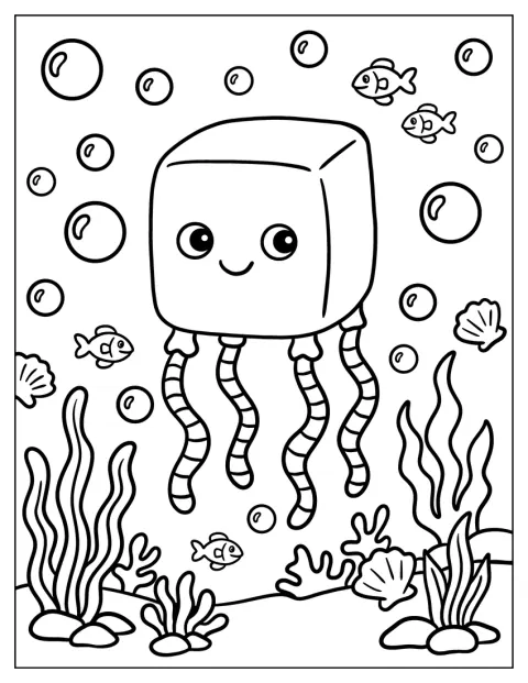Una medusa dalla forma cubica galleggia tra alghe e bolle marine.