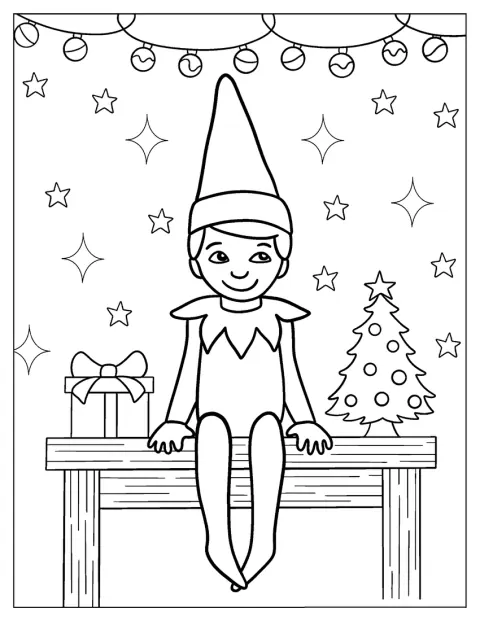 Elf on the Shelf este ilustrat într-un desen simplu, cu forme ușor de recunoscut.