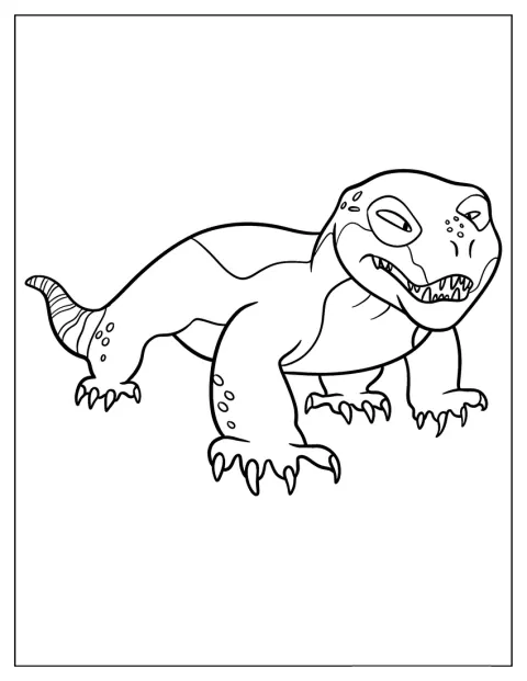 Un drago di Komodo in stile cartone animato posa con un’espressione allegra.