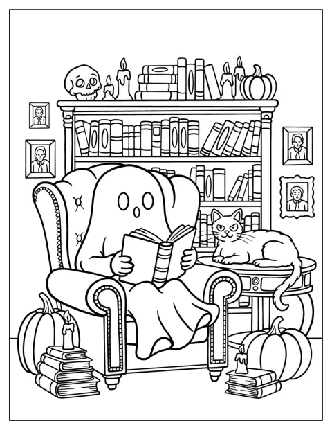 Un fantasma tranquillo legge un libro in biblioteca, accanto a un gatto.