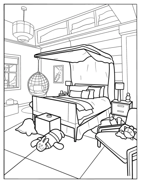 Uma poltrona e brinquedos de peluche decoram o quarto com cama de dossel.