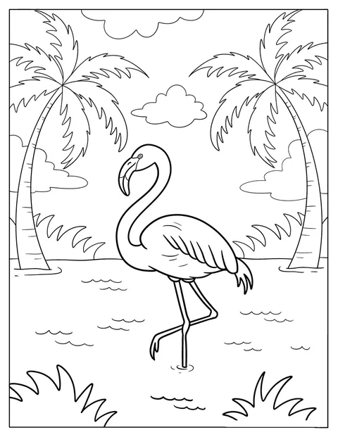 Ein Flamingo steht auf einem Bein im seichten Wasser.