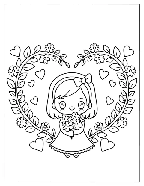 Kawaii Chibi Girl Standing In The Middle Of A Floral Love Heart