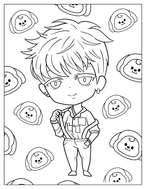 Jimin w stylu chibi nosi szelki.