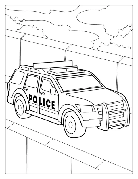 Um SUV da polícia é apresentado de frente, com luzes no tejadilho.