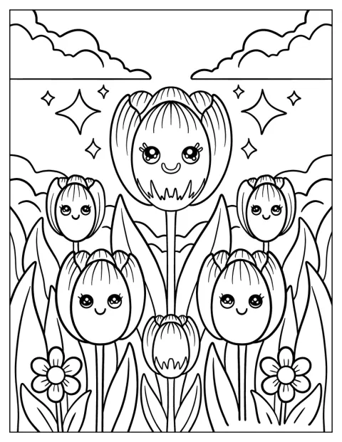 Lalele de desene animate înfloresc într-un câmp, sub un cer înnorat.