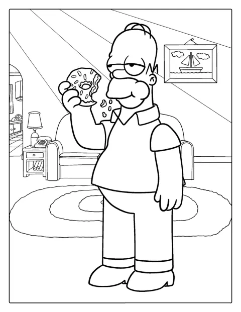Homer savoure un beignet, seul dans un décor simple.