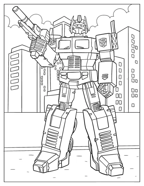 Na cidade, Optimus Prime segura um blaster de íons.