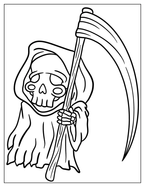 Ein niedlicher Chibi-Sensenmann hält eine übergroße Sense.