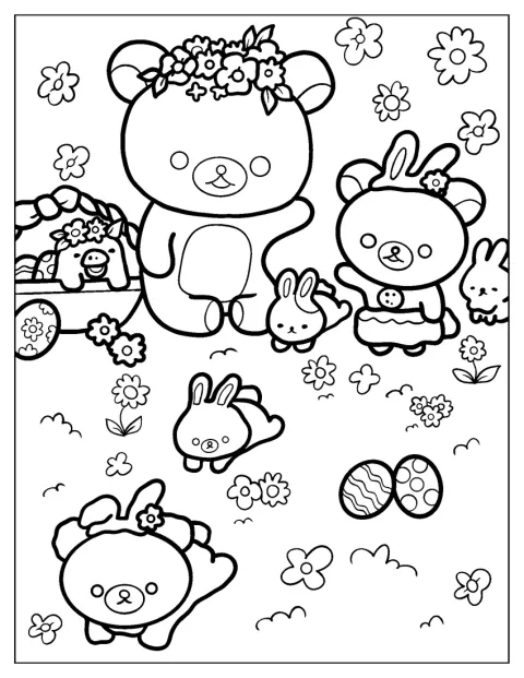 Rilakkuma er i parken sammen med Korilakkuma, Kiiroitori og Chairoikoguma.