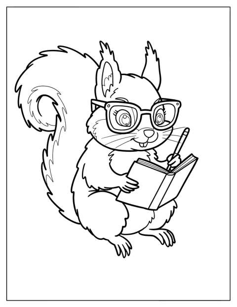 Smart Squirrel Coloring Page Wearing Glasses and Writing in Notebook for Kids