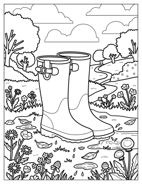 Unas botas de lluvia descansan entre flores en un prado.