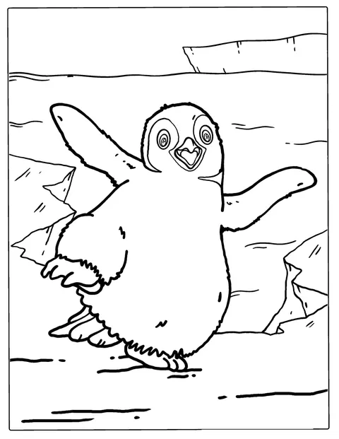 Pinguinul Happy Feet stă vesel, pregătit să danseze.