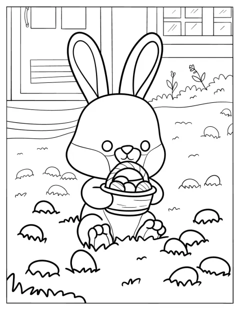 Un conejo de dibujos animados abraza una cesta llena de huevos.