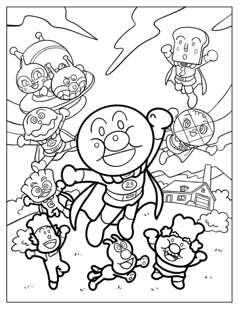 Anpanman posa con Melonpanna, Shokupanman, Baikinman y muchos amigos.