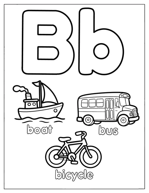 アルファベットBのそばに、船、バス、自転車が並んでいます。