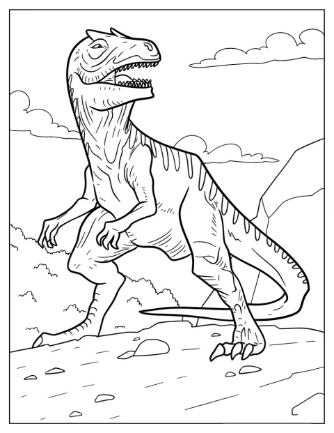 En Allosaurus står på en ujævn klippeformation.