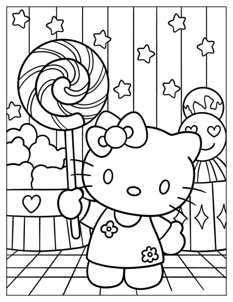Hello Kitty holder en stor, hvirvlet slikkepind op.