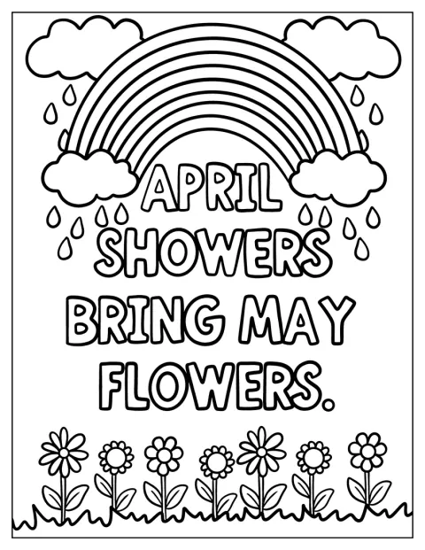 En regnbue ses over ordene »Aprilbyger giver majblomster«.