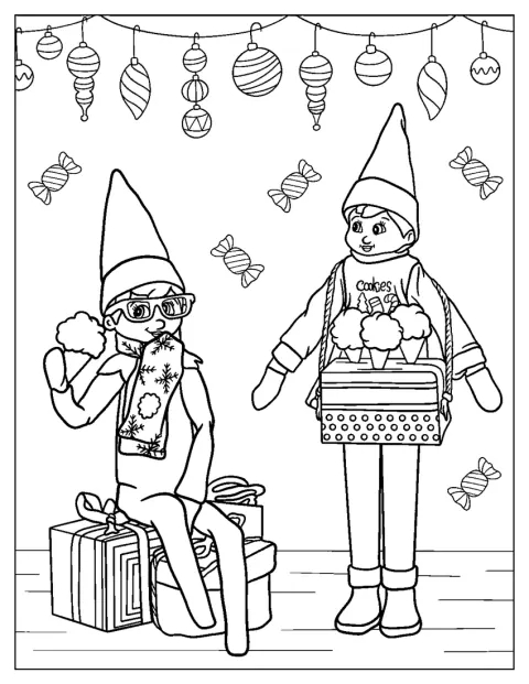 Egy részletesen megrajzolt manó ül karácsonyi díszek között.