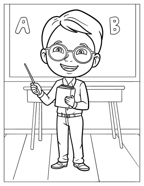 Male Chibi Teacher Coloring Pages Of Holding A Pointer And A Book