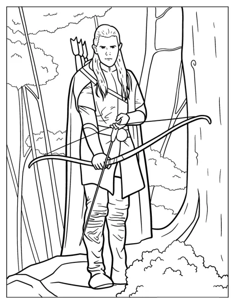 Legolas står i skoven med bue og pil.