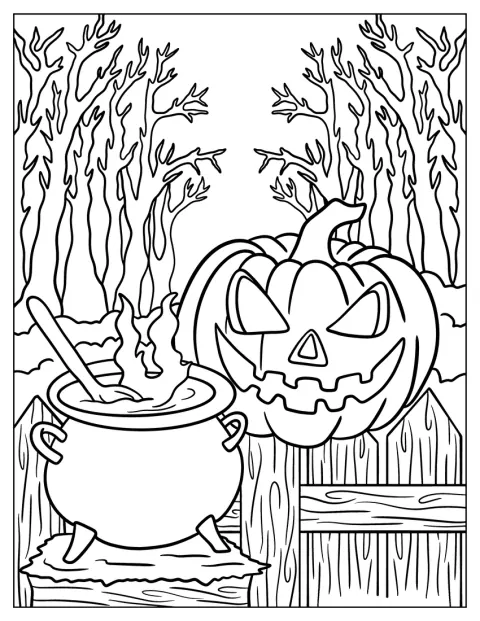 Halloweenská dýně stojí vedle čarodějnického kotlíku v strašidelném lese.
