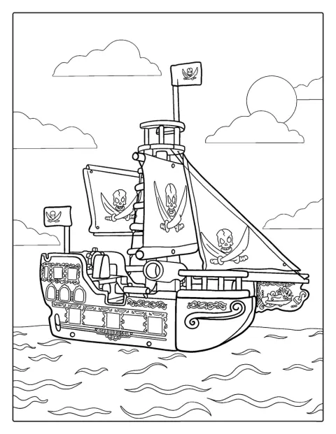 Een piratenschip vaart over het water met de zeilen gehesen.