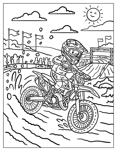 Um piloto corre numa moto de motocross número 12 em direção à meta.