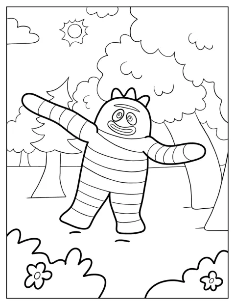 Brobee steht zwischen den Bäumen im Wald.