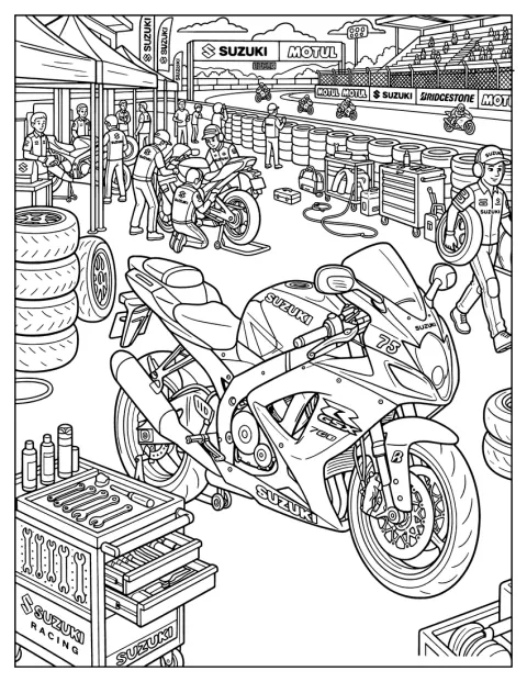 Una moto de carreras Suzuki está preparada en un taller profesional.