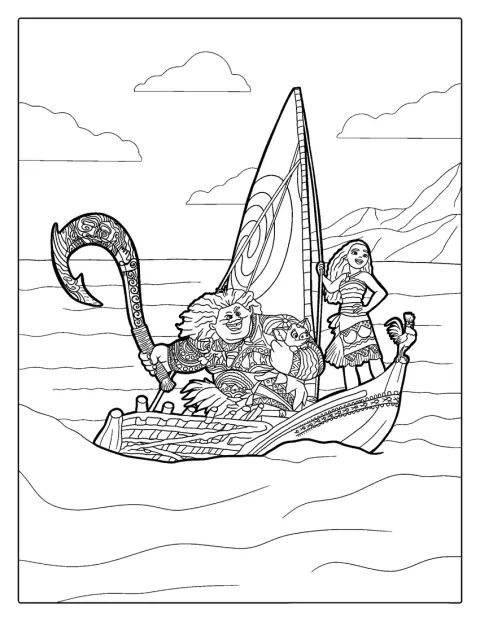Moana y Maui viajan juntos en una barca.