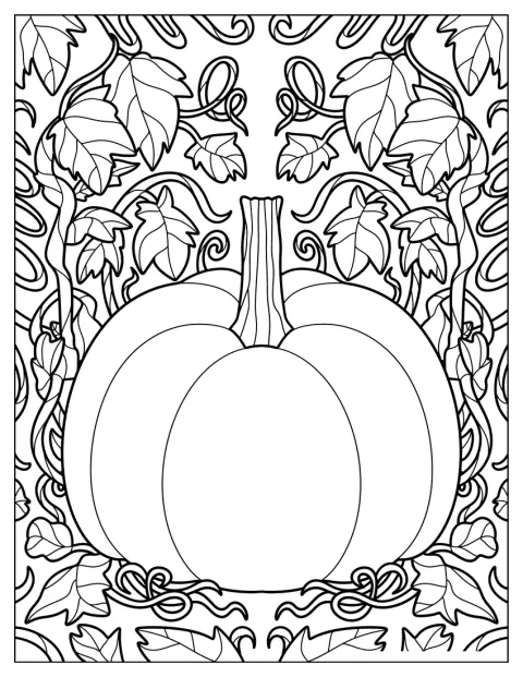 Round Pumpkin Coloring Page Surrounded By Leaves And Vines