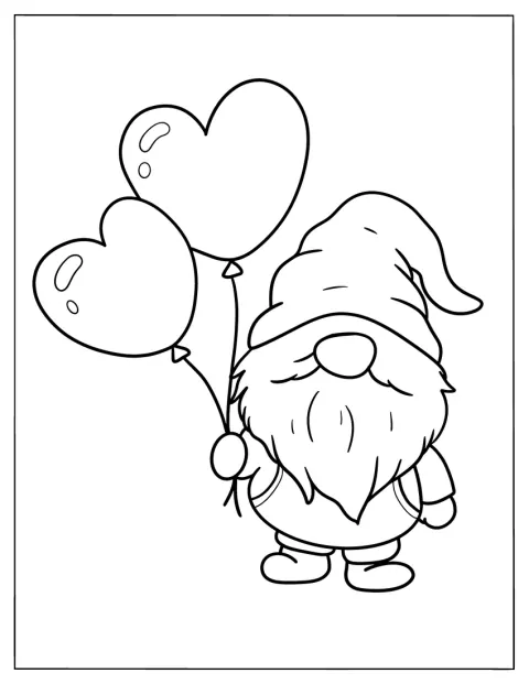 Uno gnomo tiene due palloncini a forma di cuore.