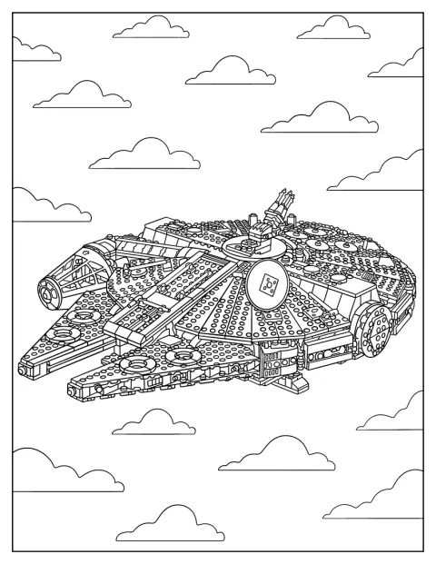 Det detaljerte romskipet Millennium Falcon fra Star Wars flyr gjennom verdensrommet.