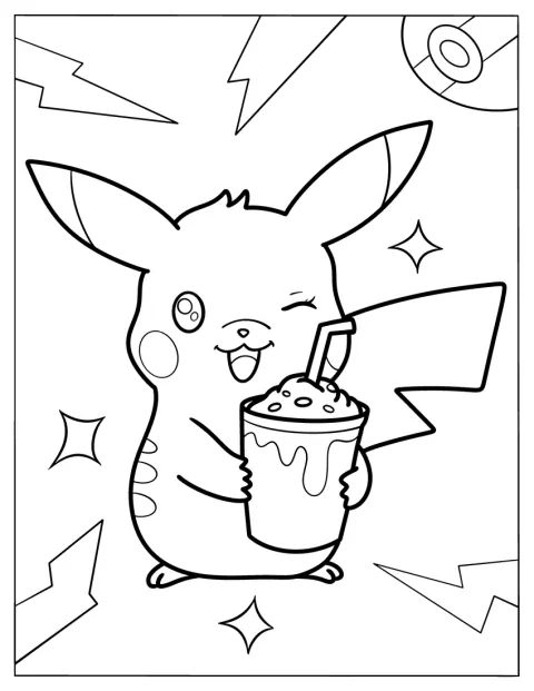 En blinkande Pikachu håller i en milkshake.