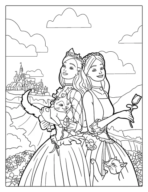 Due Barbie vestite da principesse posano accanto a dei gatti.