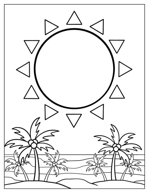 Un sol grande brilla sobre una playa.