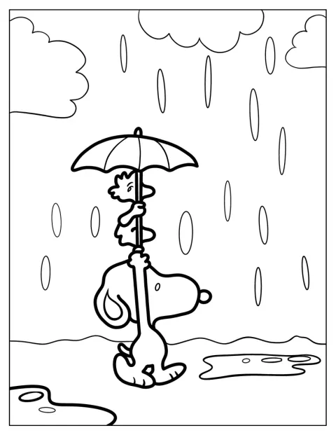 Snoopy y Woodstock caminan juntos bajo la lluvia.