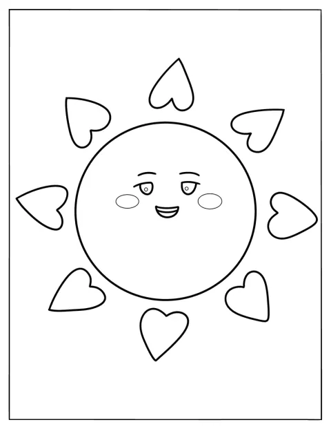 Eine lächelnde Sonne strahlt mit herzförmigen Sonnenstrahlen.