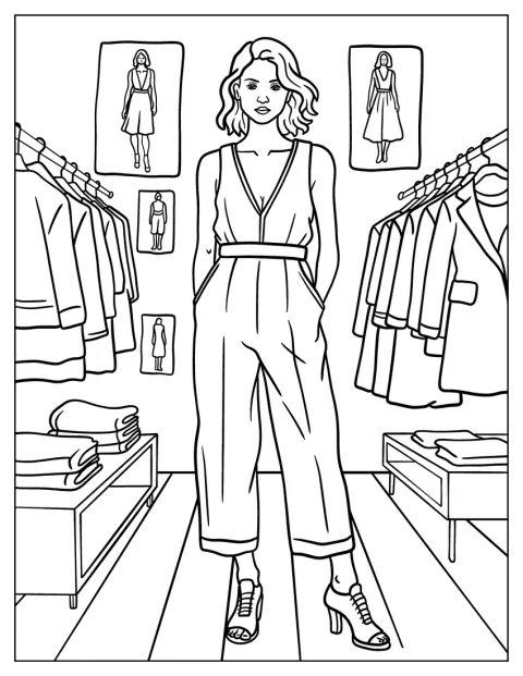 Fashion Coloring Page of Modern Boutique Interior with a Stylish Shopper Surrounded by Dresses and Coats Fashion