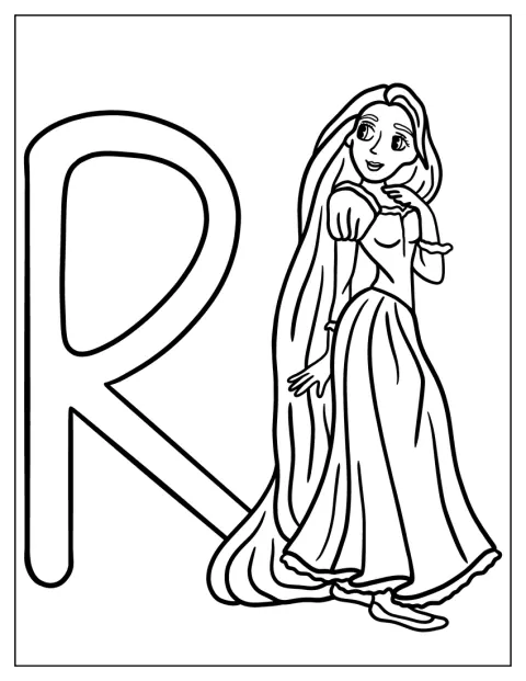 Rapunzel står sammen med bogstavet R.