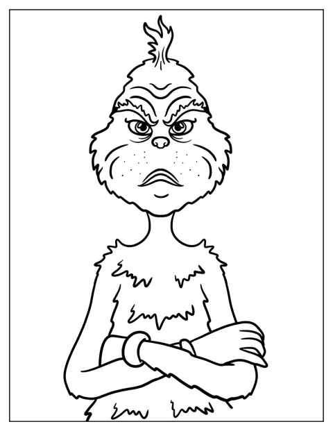 Der Grinch steht mit verschränkten Armen da und schaut grimmig.