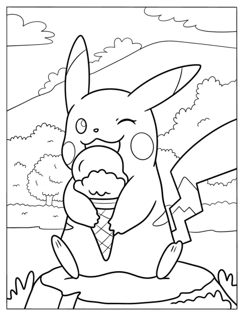 Pikachu slikker på en is i sød stil.