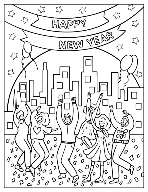 新年を祝うパーティーで、男性や女性が楽しそうに踊っています。