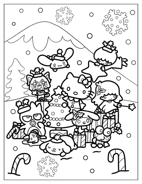 Les amis Sanrio décorent ensemble un sapin de Noël.