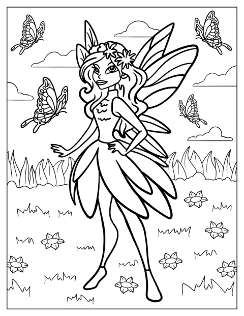 Vestida a la última, un hada está rodeada de mariposas.