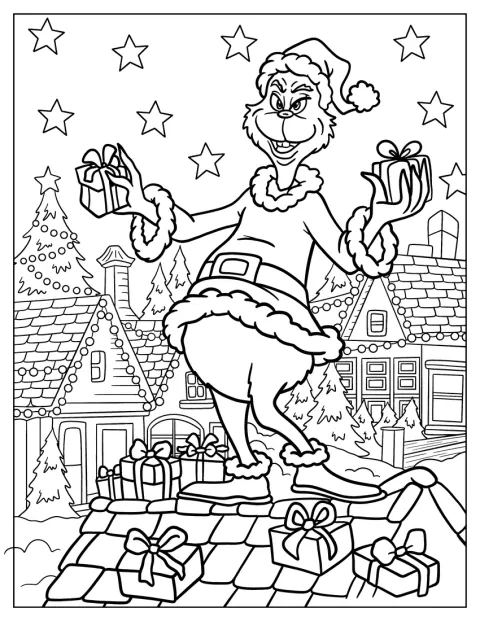 Vestido de Pai Natal, o Grinch segura várias prendas.