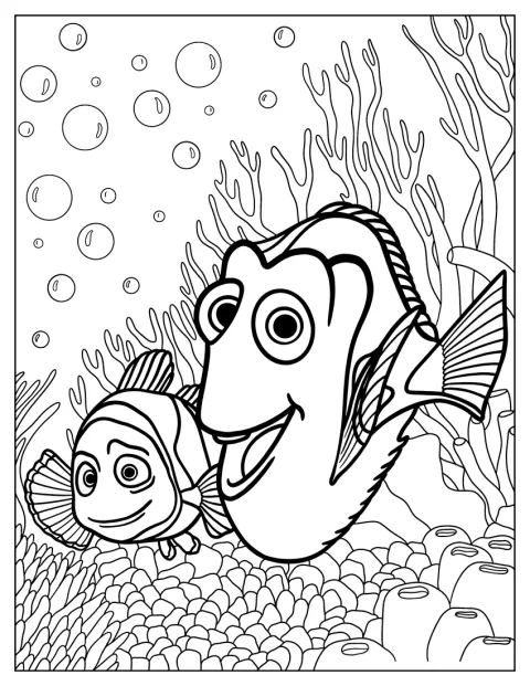 Dory og Marlin svømmer sammen ved et korallrev.