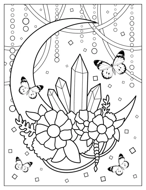 Blommor och kristaller växer längs en månskära.